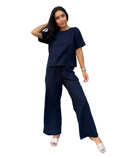 Navy Linen Two Piece Set Women Loose Top Wide Palazzo Pants Relaxed Fit