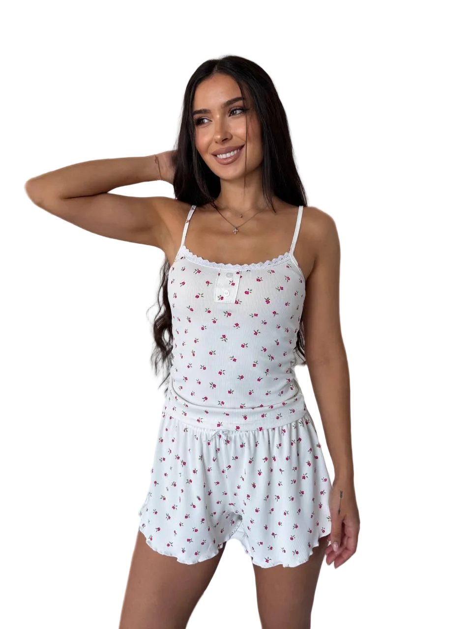 White Floral Pajama Set Women Lace Trim Camisole and Shorts Soft Sleepwear