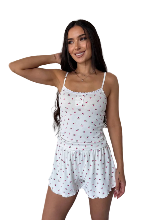 White Floral Pajama Set Women Lace Trim Camisole and Shorts Soft Sleepwear