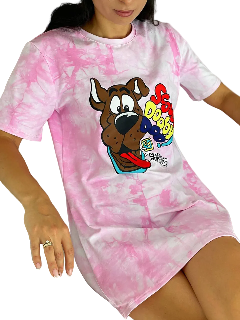 Pink Tie Dye T Shirt Dress Women Cartoon Graphic Summer Tee Dress