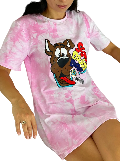 Pink Tie Dye T Shirt Dress Women Cartoon Graphic Summer Tee Dress