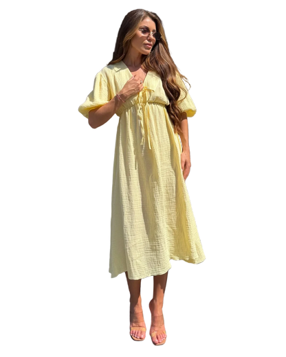 Women Muslin Midi Dress Yellow Puff Sleeves Empire Waist Tie Neckline Breathable Summer Dress