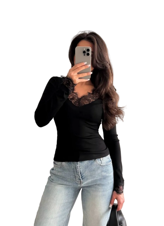 Black Viscose Lace Trim Slim Fit Blouse Long Sleeve Elegant Top