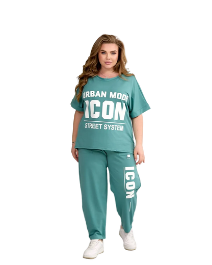 Plus Size Teal Tracksuit Women Icon Streetwear Two Piece Set