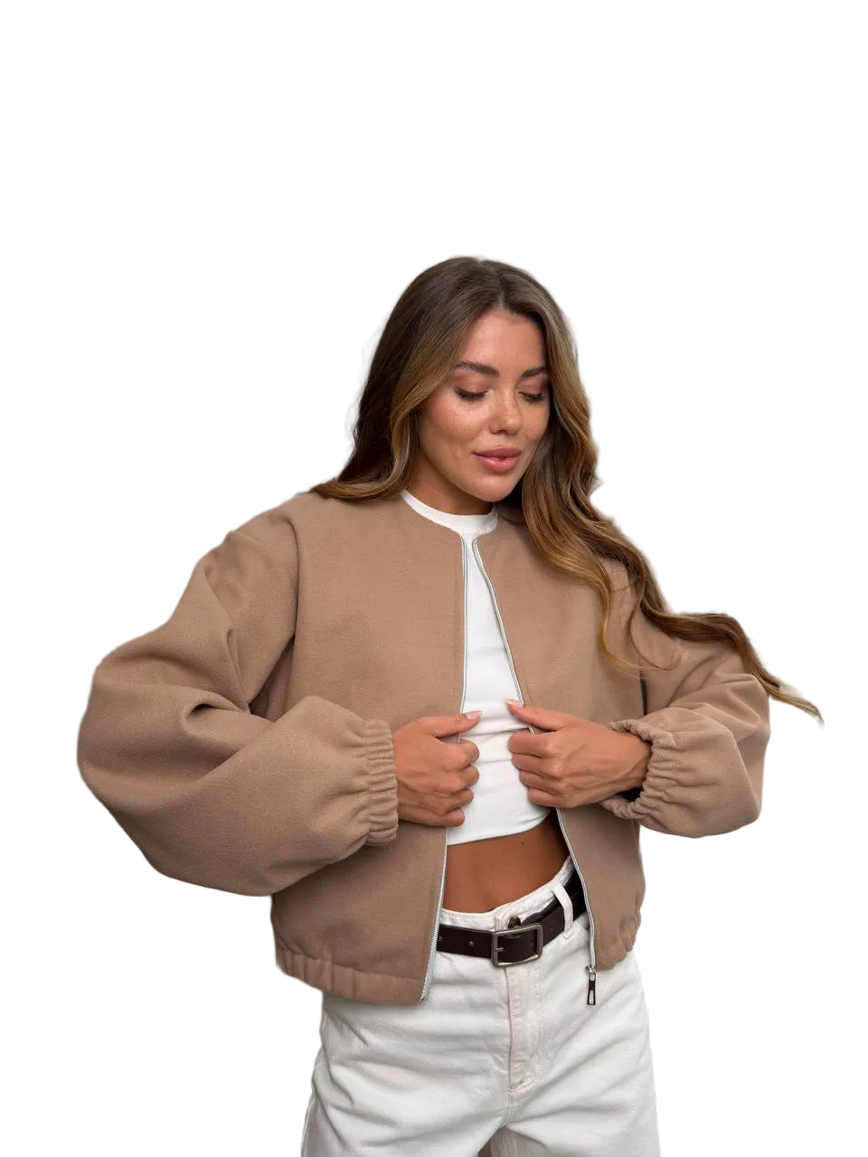 Womens Cashmere Bomber Jacket Beige Lightweight Unlined