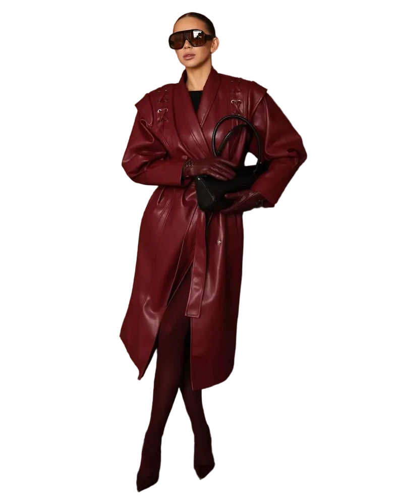 Royal Burgundy Eco Leather Trench Coat for Women