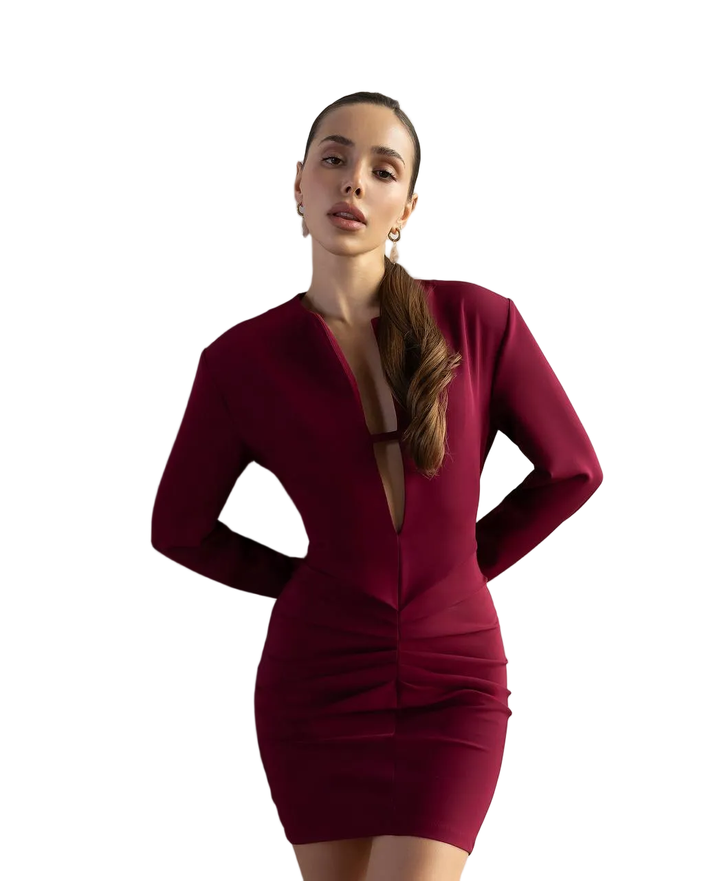 Burgundy Bodycon Crepe Diagonal Dress Long Sleeve Plunge Neck Ruched Waist