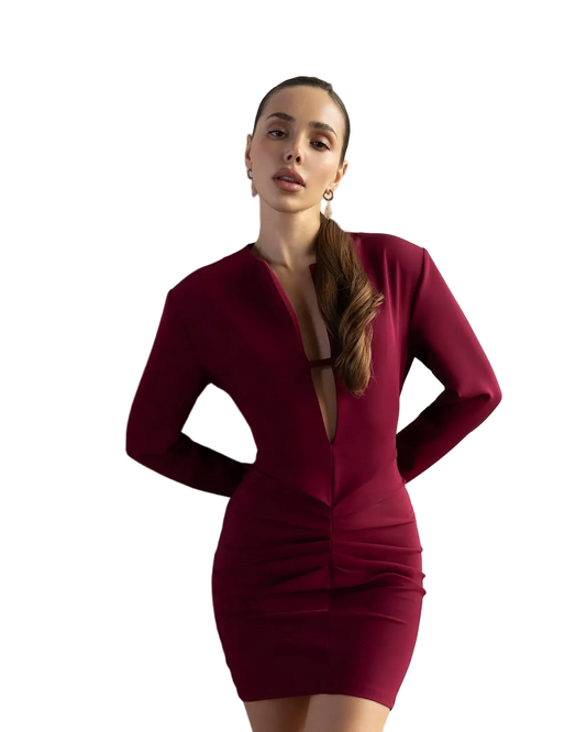 Burgundy Bodycon Crepe Diagonal Dress Long Sleeve Plunge Neck Ruched Waist