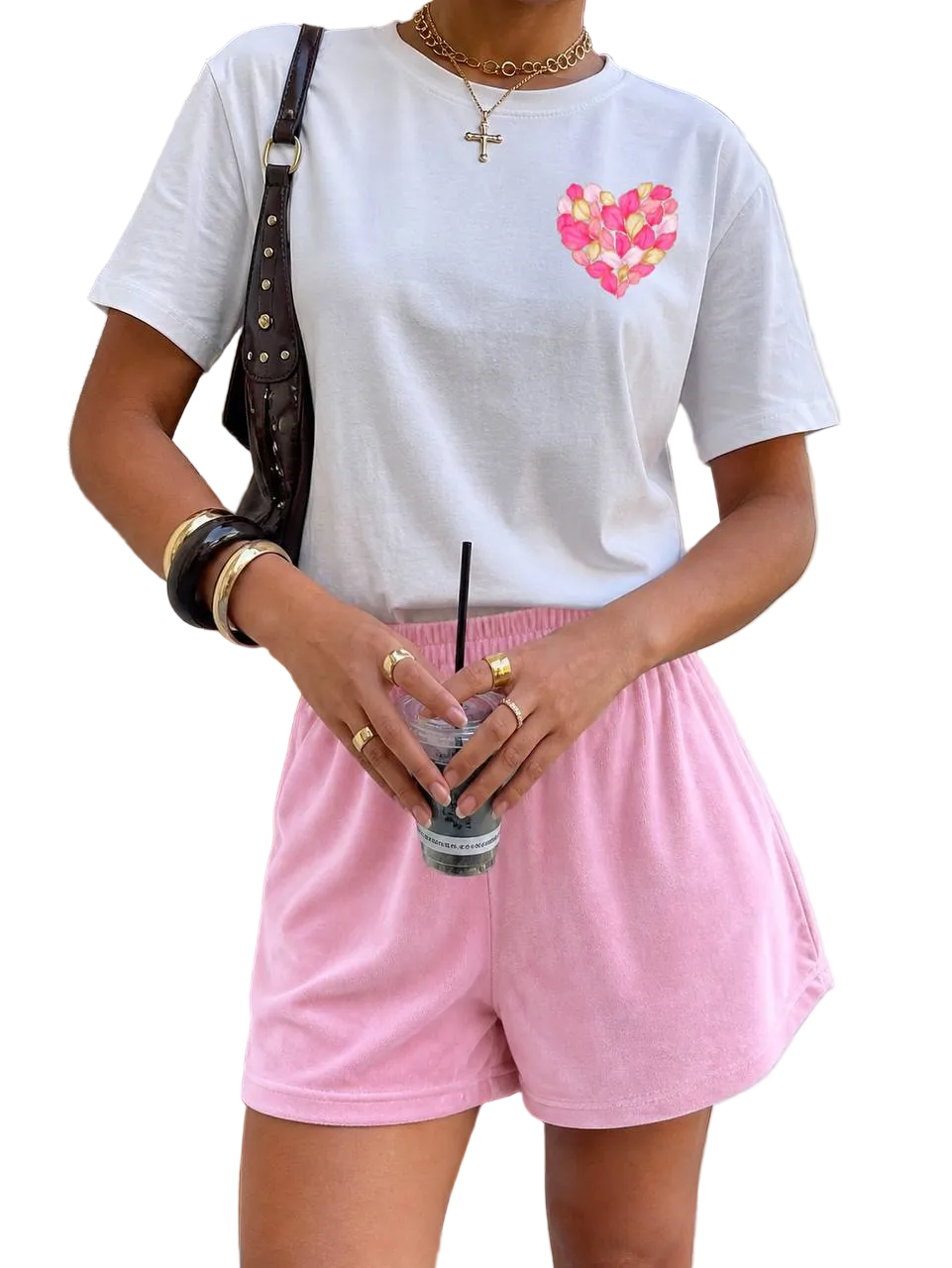 Womens Summer Two Piece Set White Tee Pink Velour Shorts