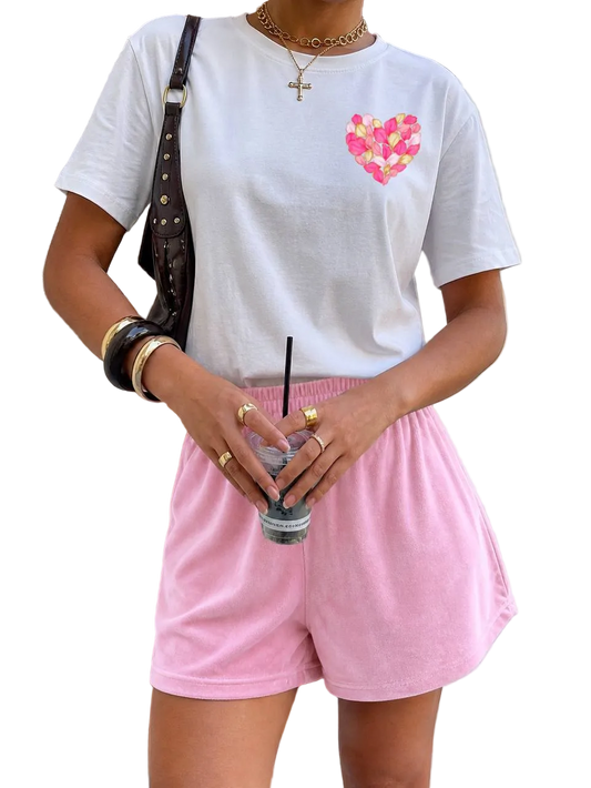 Womens Summer Two Piece Set White Tee Pink Velour Shorts