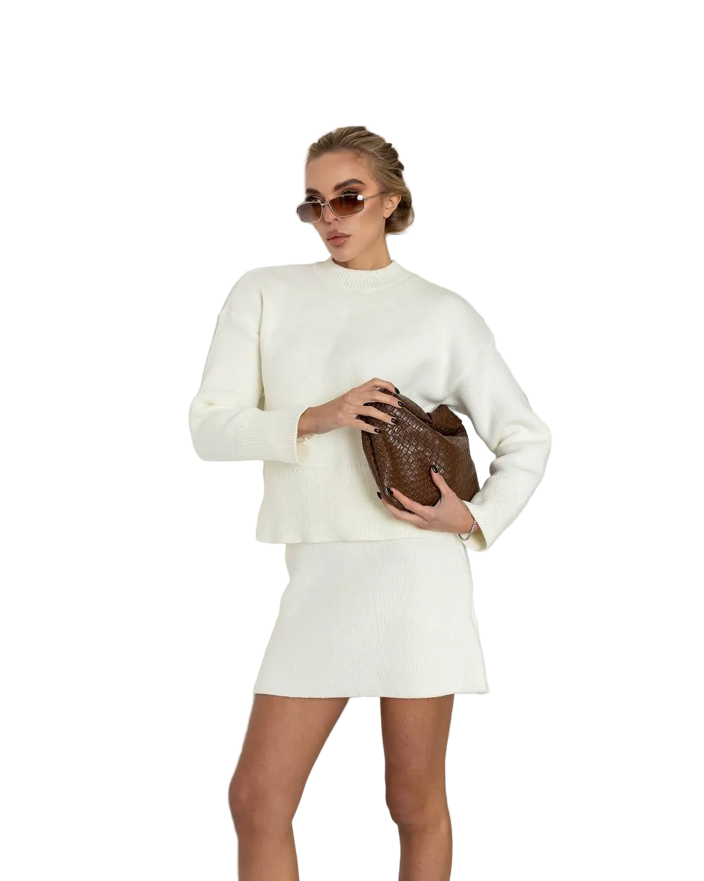 White Knit Sweater and Skirt Set Wool Blend Two Piece
