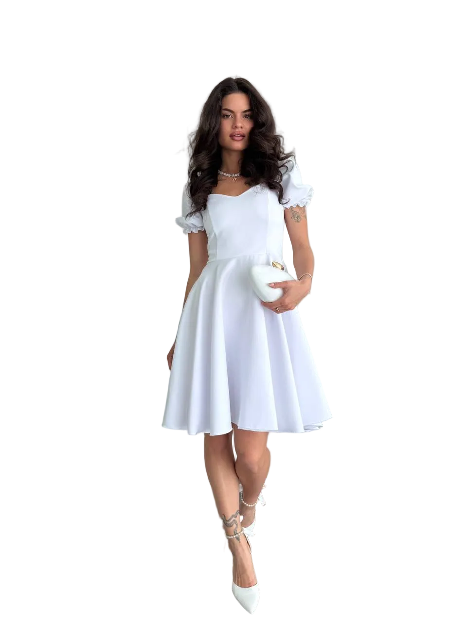White Puff Sleeve Fit and Flare Dress Sweetheart Neckline Knee Length