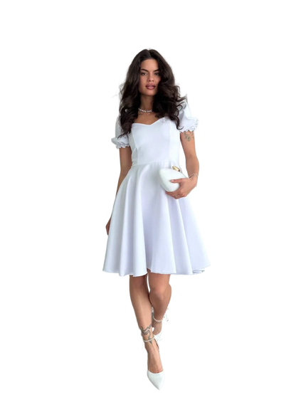 White Puff Sleeve Fit and Flare Dress Sweetheart Neckline Knee Length
