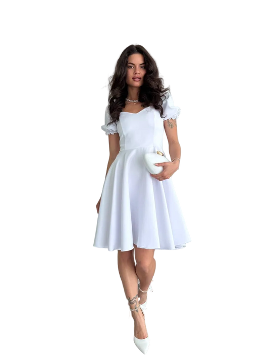 White Puff Sleeve Fit and Flare Dress Sweetheart Neckline Knee Length