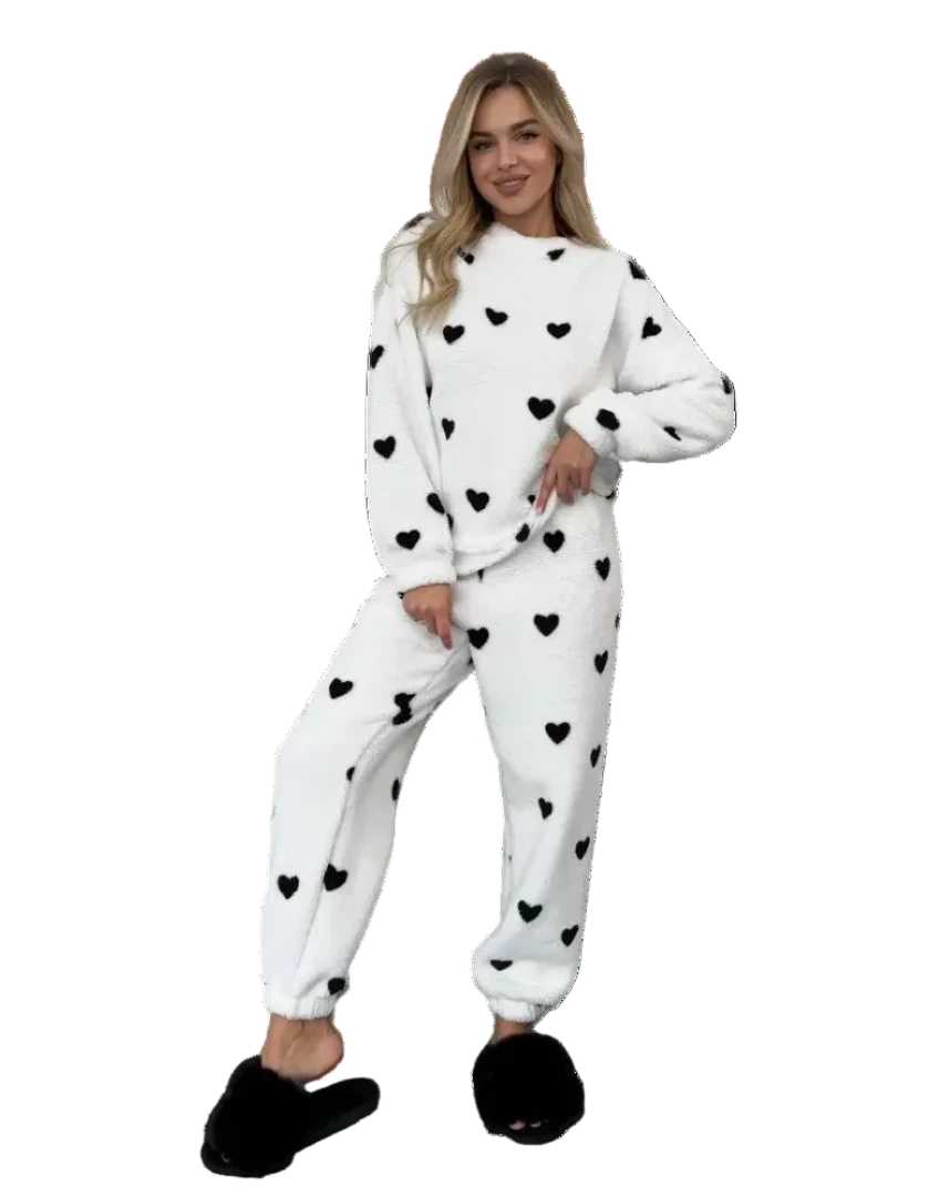 White Teddy Fleece Heart Print Pajama Set Cozy Womens Loungewear Plush Homewear