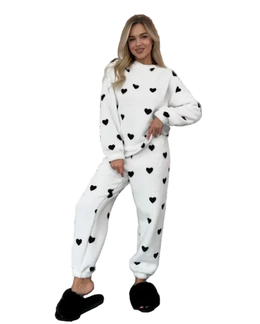White Teddy Fleece Heart Print Pajama Set Cozy Womens Loungewear Plush Homewear
