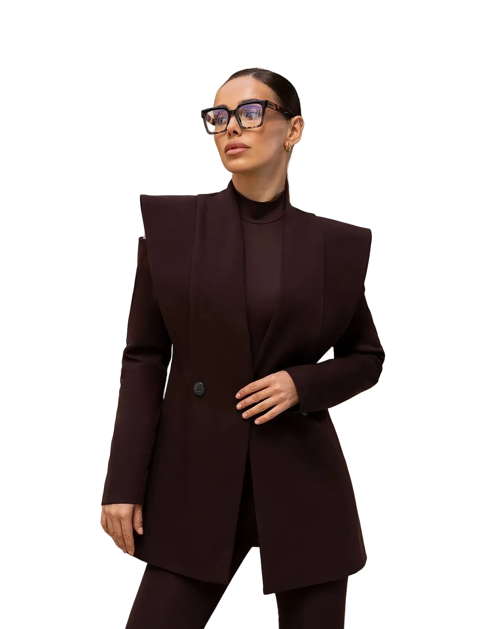 Womens Chocolate Brown Structured Shoulder Longline Blazer Suit Crepe Diagonal