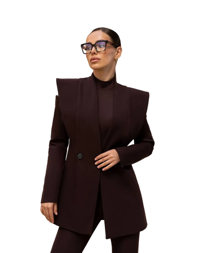 Womens Chocolate Brown Structured Shoulder Longline Blazer Suit Crepe Diagonal
