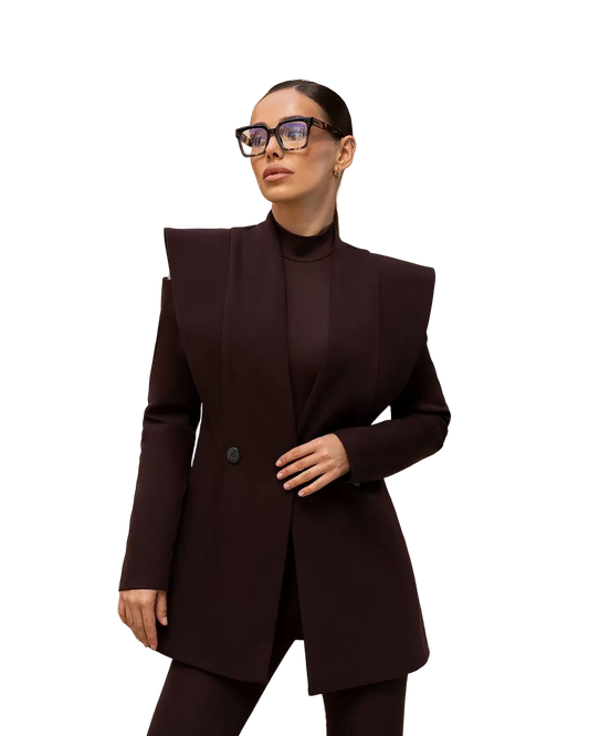 Womens Chocolate Brown Structured Shoulder Longline Blazer Suit Crepe Diagonal