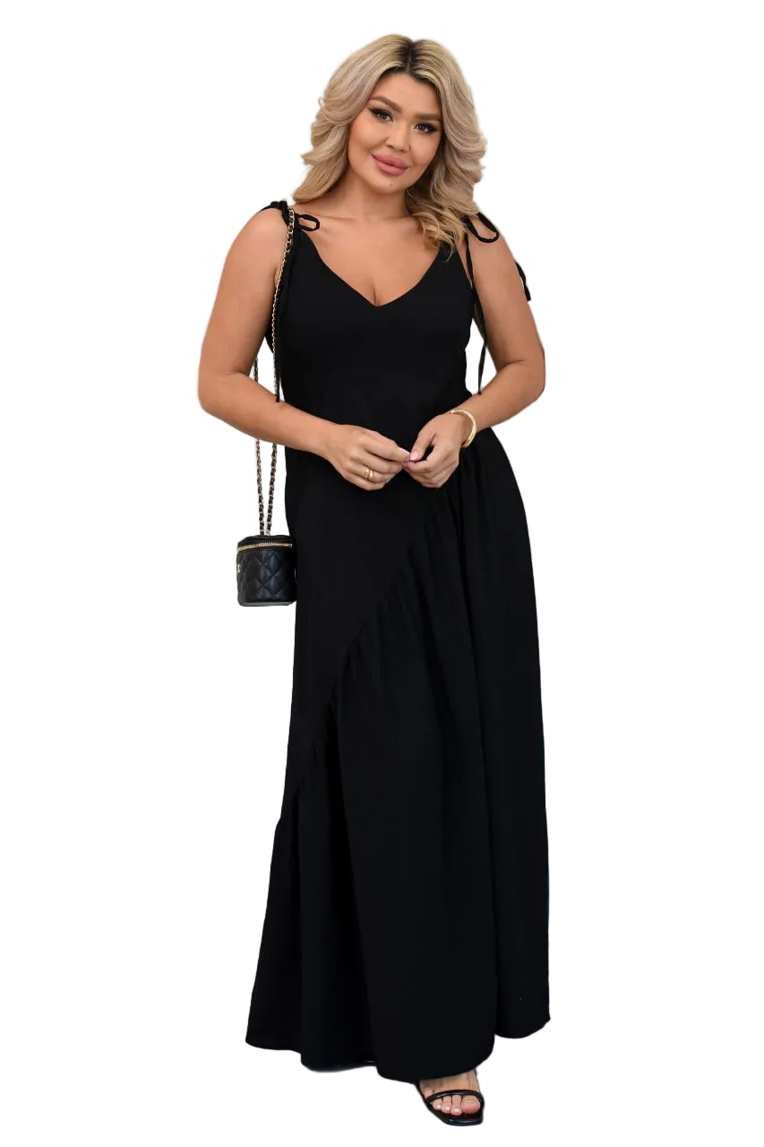 Black Linen Crinkle Maxi Dress Adjustable Shoulder Straps Elastic Back