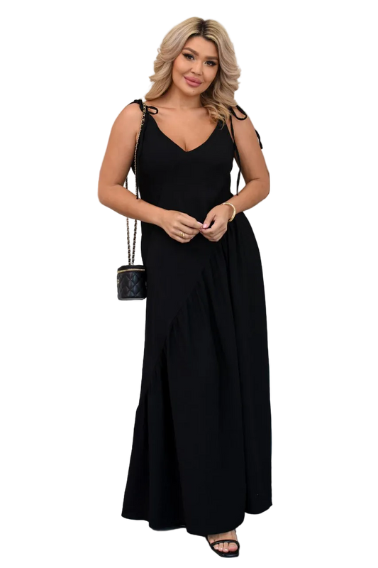 Black Linen Crinkle Maxi Dress Adjustable Shoulder Straps Elastic Back