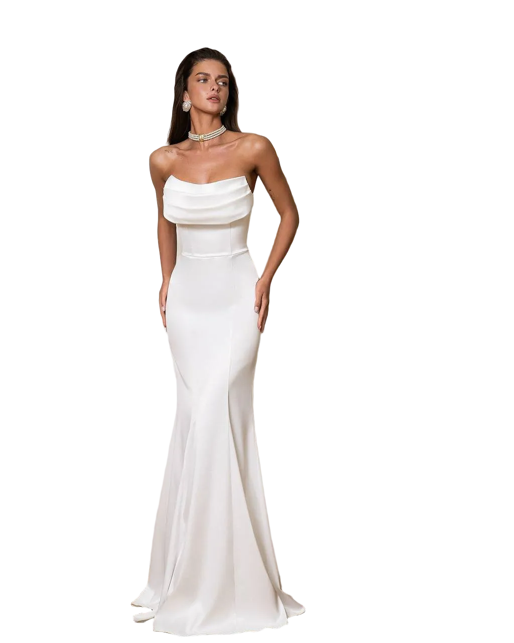 White Strapless Satin Mermaid Dress Dense Mango Satin Evening Gown