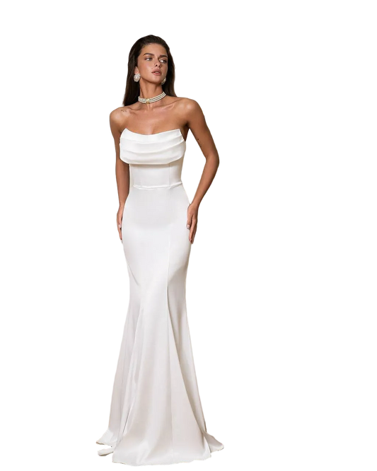 White Strapless Satin Mermaid Dress Dense Mango Satin Evening Gown