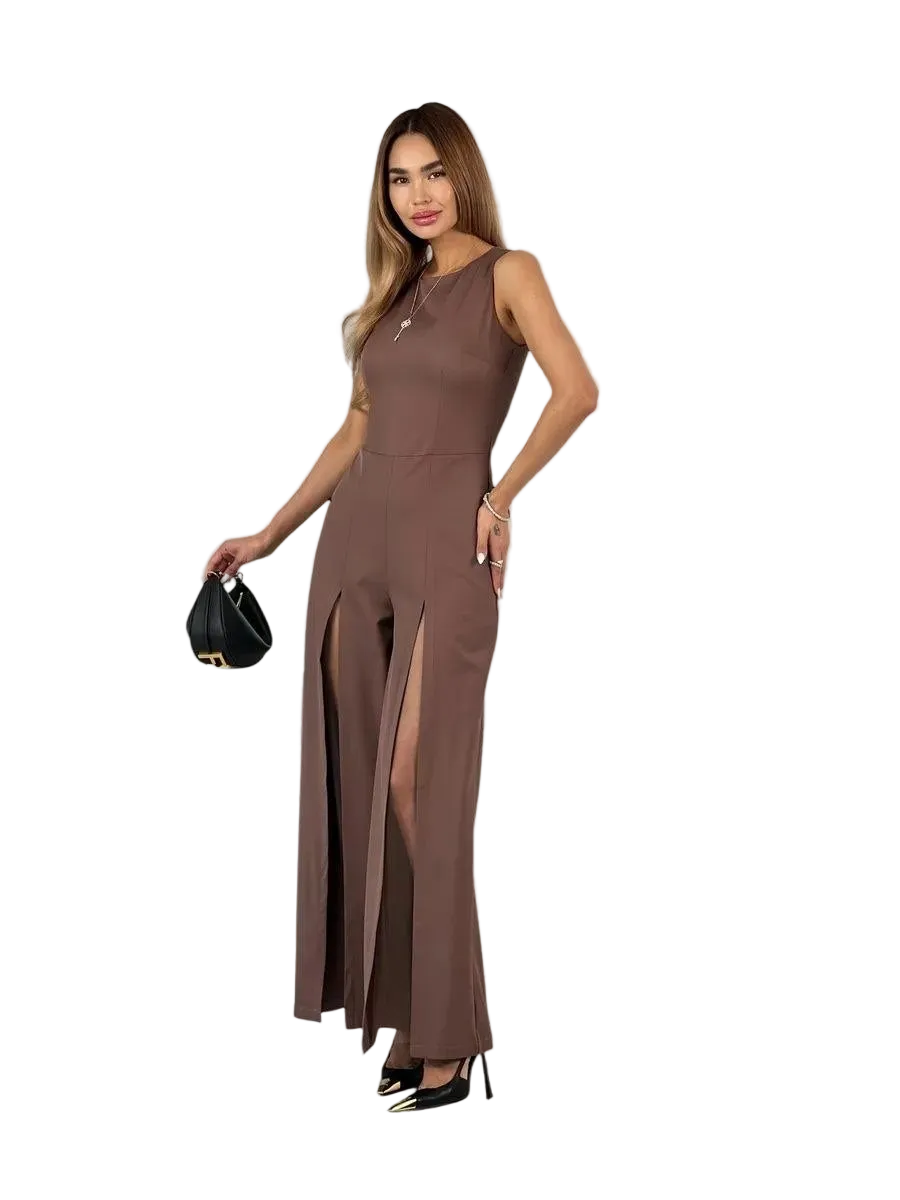 Sleeveless Brown Palazzo Jumpsuit with Front Slits Elegant Evening Jumpsuit