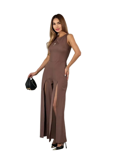 Sleeveless Brown Palazzo Jumpsuit with Front Slits Elegant Evening Jumpsuit