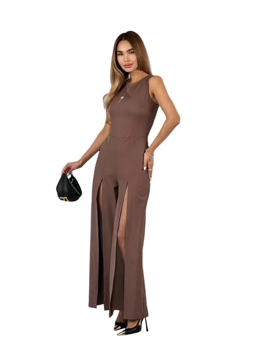 Sleeveless Brown Palazzo Jumpsuit with Front Slits Elegant Evening Jumpsuit