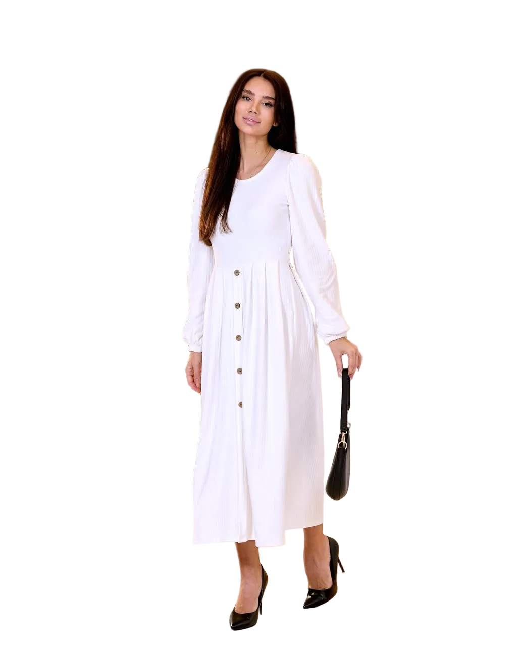 White Midi Dress Stretch Knit Long Sleeve Button Front Elegant Dress