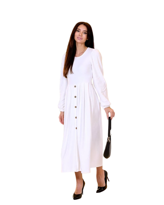 White Midi Dress Stretch Knit Long Sleeve Button Front Elegant Dress