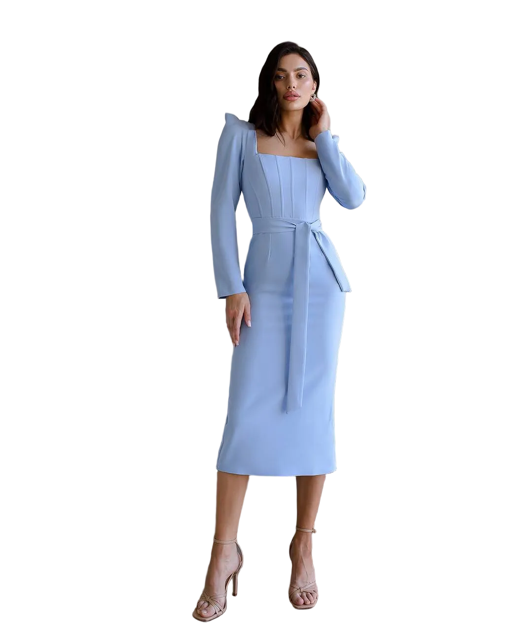 Womens Tailored Crepe Square Neck Midi Dress with Waist Tie