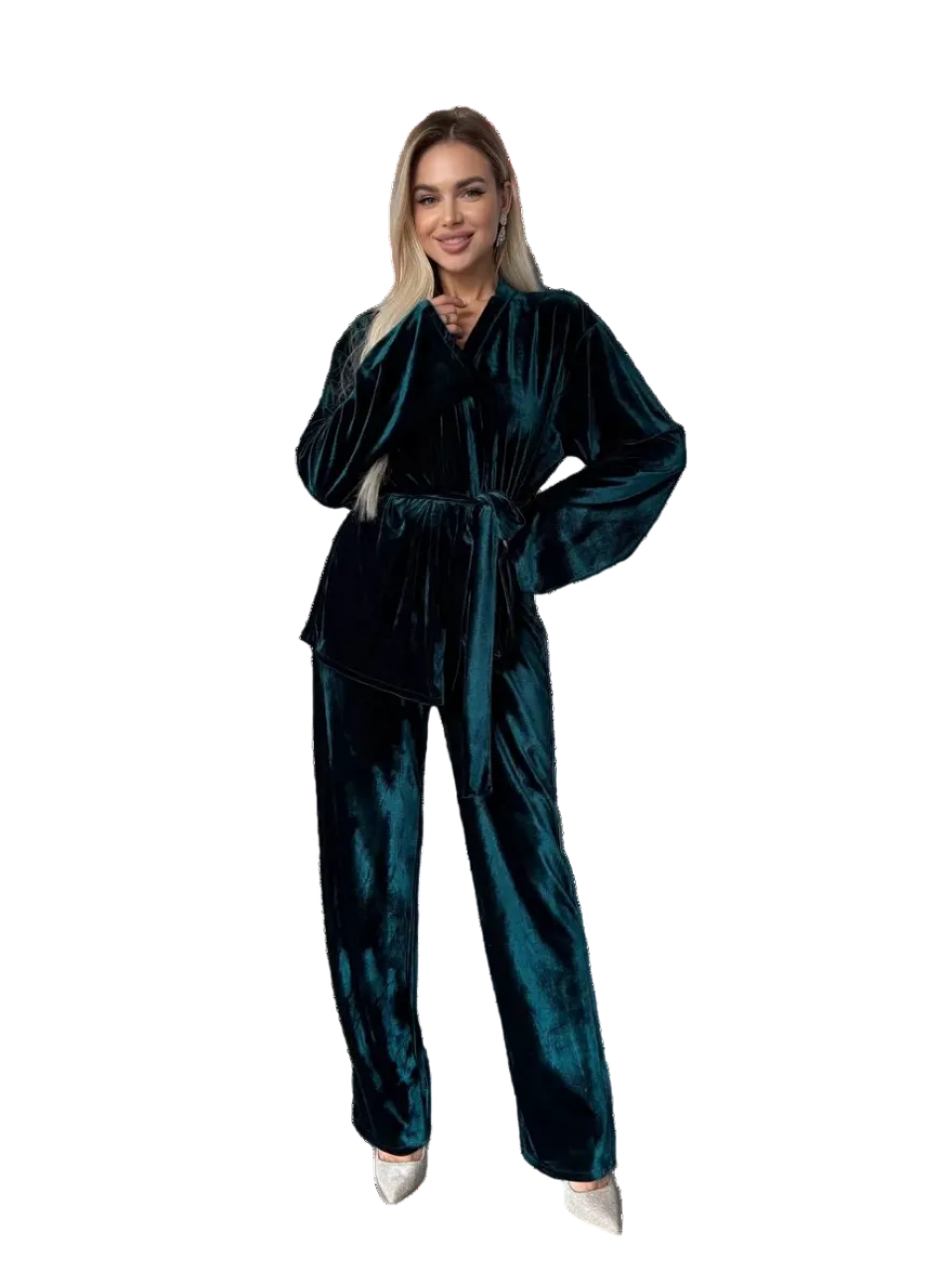 Emerald Green Velvet Suit Set Cardigan and Straight Trousers