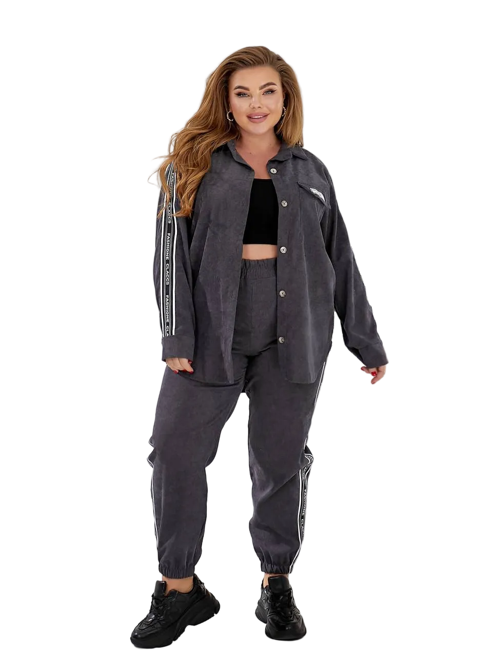 Charcoal Grey Women Two Piece Tracksuit Button Front Shirt Stripe Tape Joggers