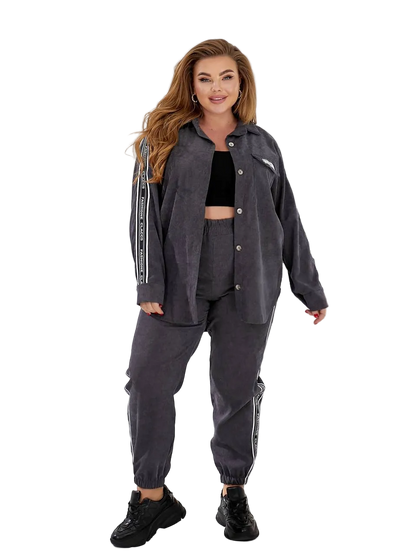 Charcoal Grey Women Two Piece Tracksuit Button Front Shirt Stripe Tape Joggers