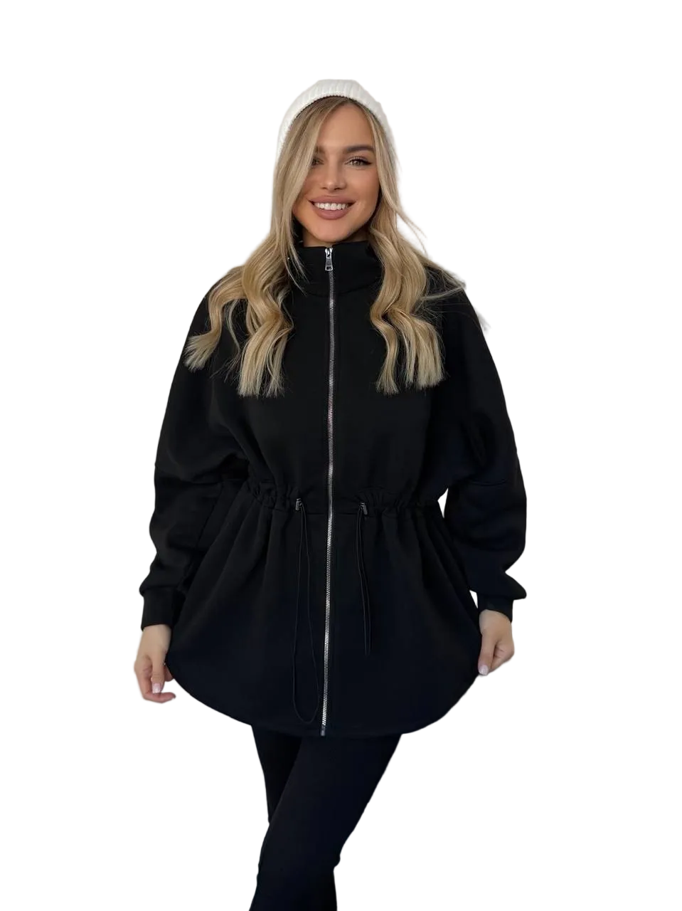 Black Fleece Lined Zip Up Sweater with Drawstring Waist