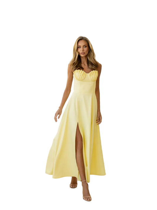 Strapless Pleated Bust A Line Evening Dress Diagonal Crepe