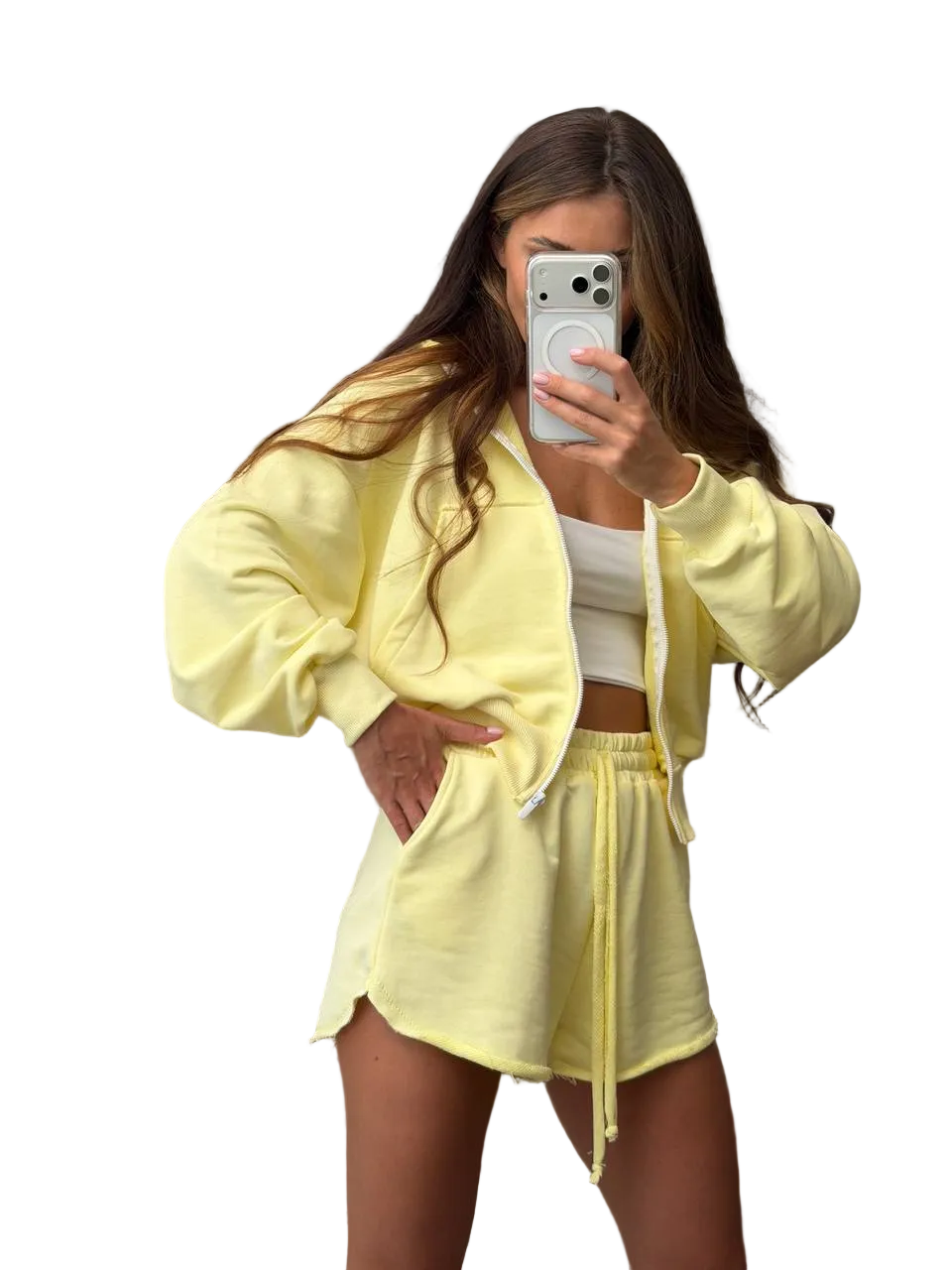 Yellow Womens Two Piece Cotton Lounge Suit Zip Hoodie And Shorts