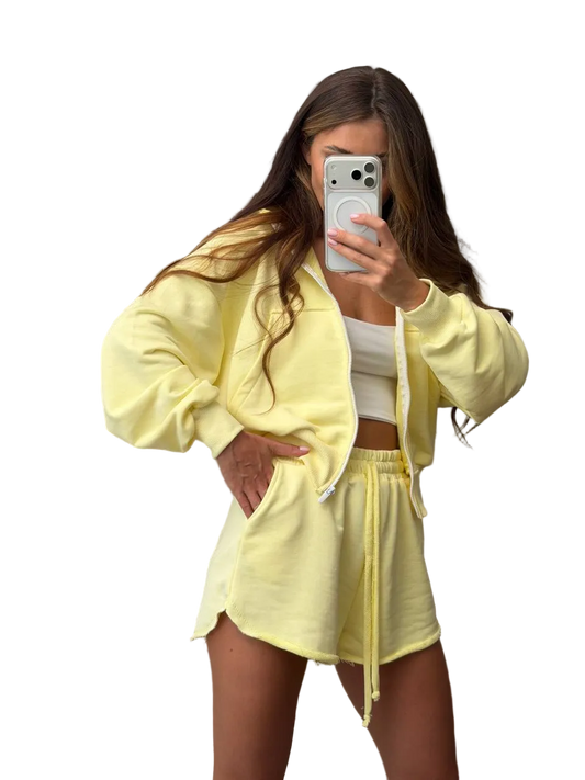 Yellow Womens Two Piece Cotton Lounge Suit Zip Hoodie And Shorts