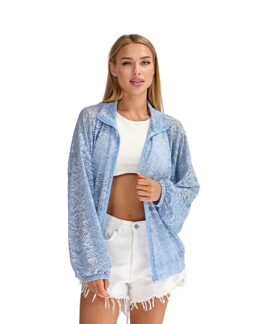 Light Blue Lace Bomber Jacket Women Sheer Lace Outerwear