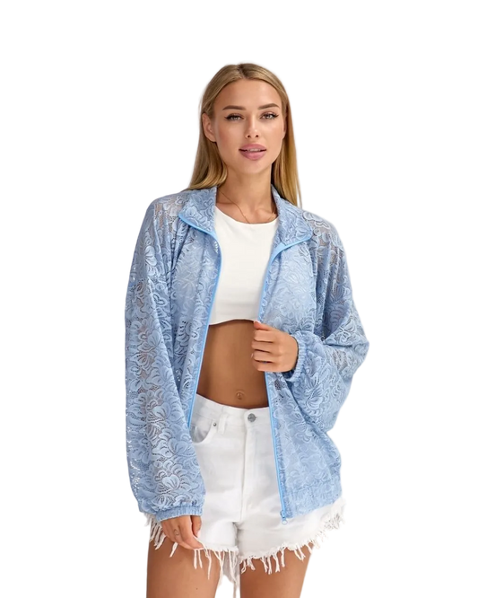 Light Blue Lace Bomber Jacket Women Sheer Lace Outerwear