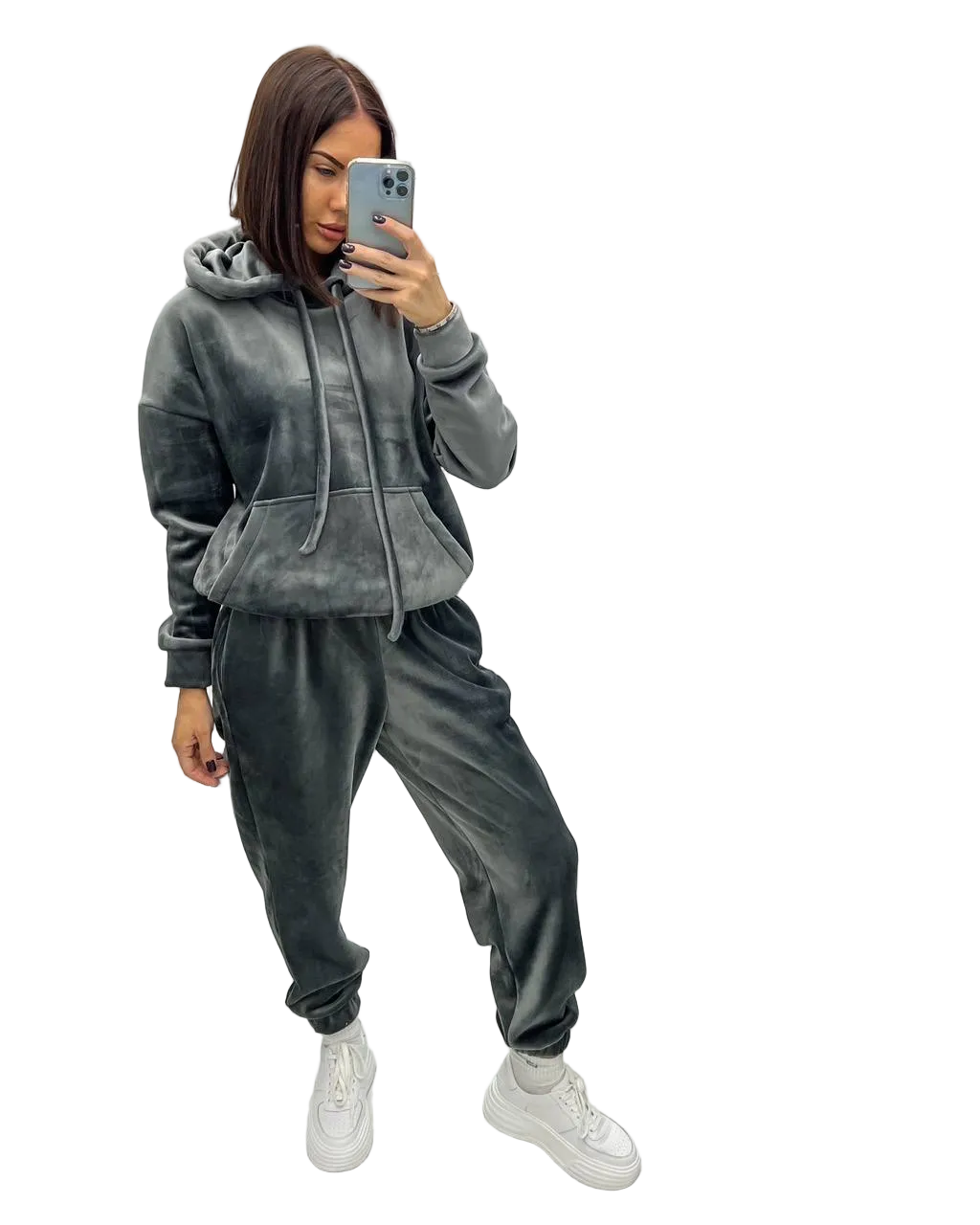 Womens Double Sided Velour Tracksuit Gray Hoodie Joggers Set Autumn Loungewear