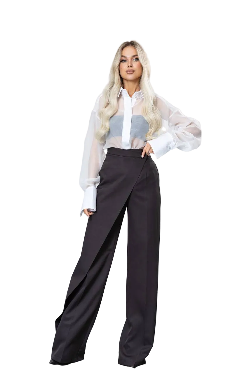 Black Diagonal Crepe Wrap Front Wide Leg Womens Trousers