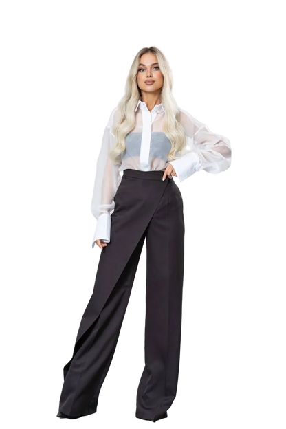 Black Diagonal Crepe Wrap Front Wide Leg Womens Trousers