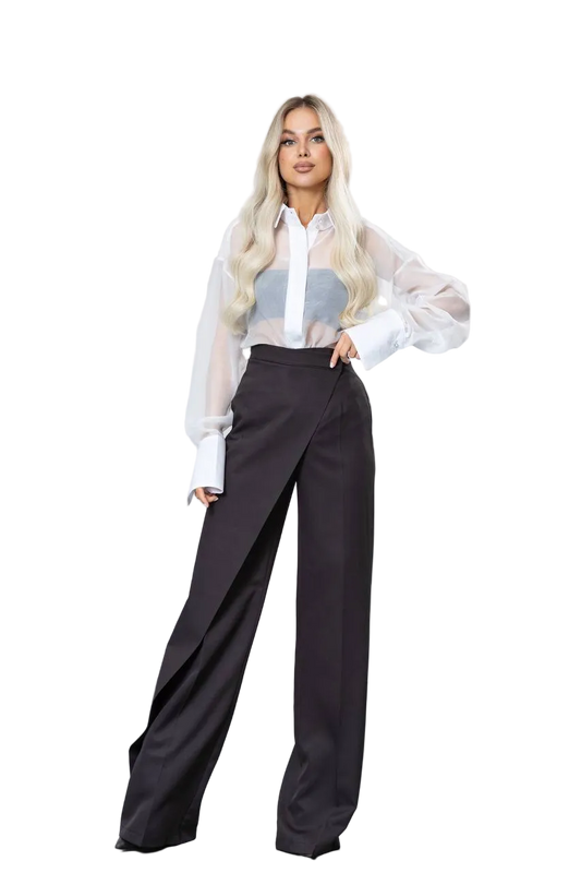 Black Diagonal Crepe Wrap Front Wide Leg Womens Trousers