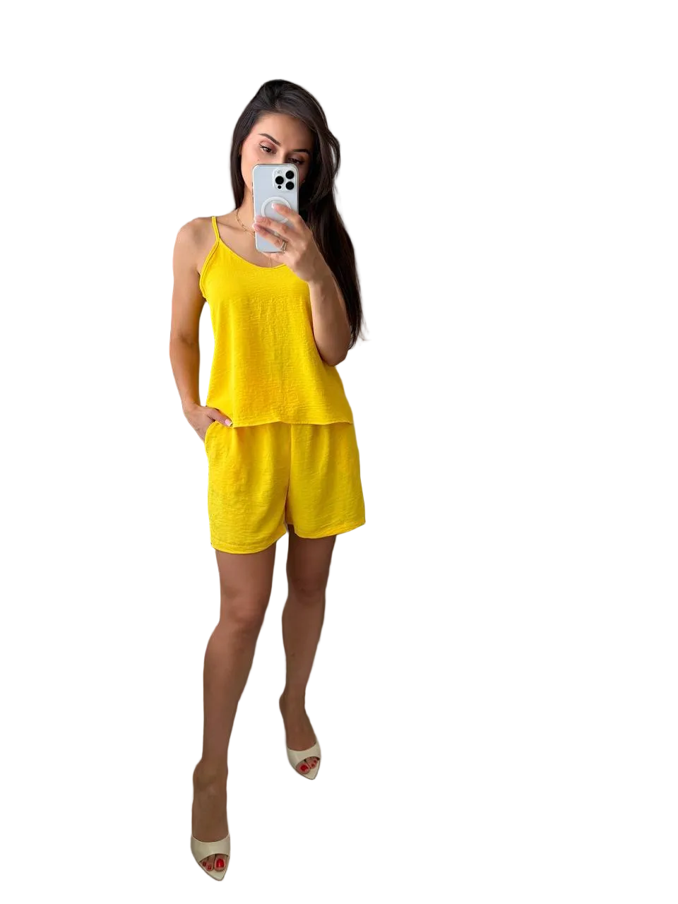 Womens Yellow Three Piece Suit Crepe Fabric Tank Shirt Shorts Set