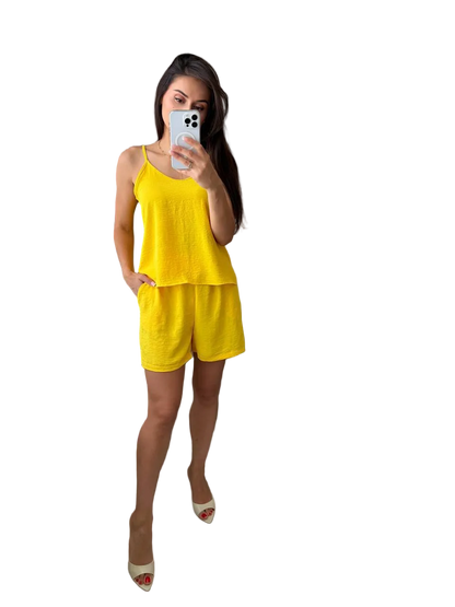 Womens Yellow Three Piece Suit Crepe Fabric Tank Shirt Shorts Set
