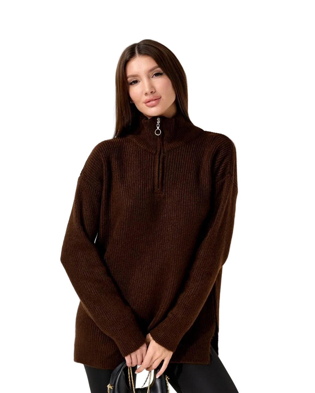 Brown Oversized Zip Collar Sweater Wool Blend Womens Knit Side Slits