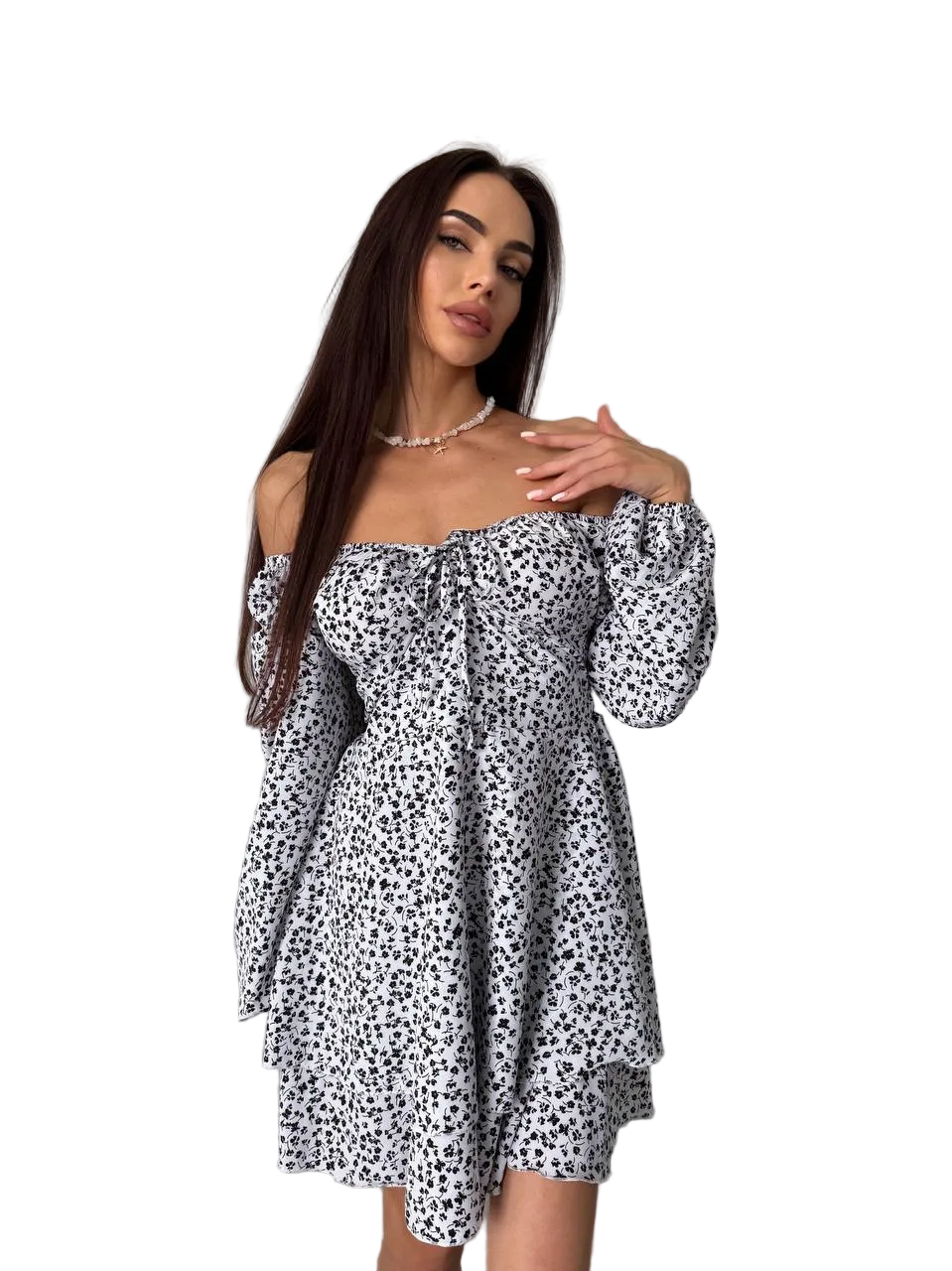 Off Shoulder Tiered Mini Dress White Black Floral Soft Fabric
